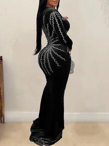 2025 Elegant Diamonds Velvet Long Party Dress for Women Sexy Deep V Evening Gown Formal Black Slim Dress Robe