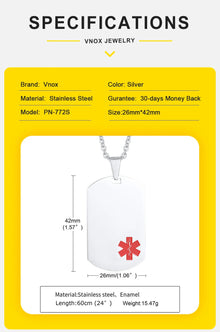Vnox Personalized Engrave Diease Names ICE Info Medical Necklaces,Stainless Steel Dog Tag ID Pendants,Custom Health Accessory