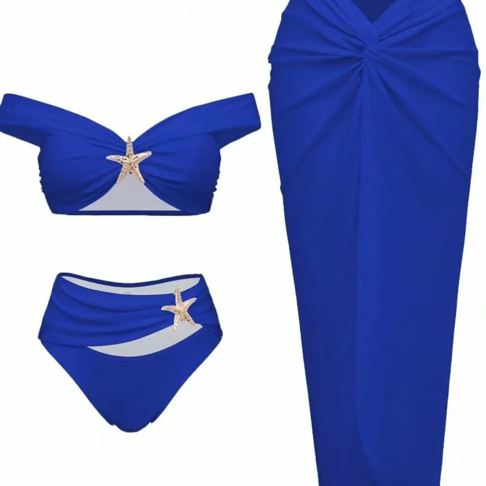 Women's Sexy Bikini Set Beachwear Metallic Starfish Bikini Folds Long Skirts Three Piece Sets Hot Girl Vacation Style Swimsuit