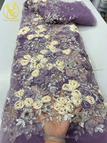 Beautiful Nigerian 3D Flower Lace Fabric 2026 African Beaded Sequins Lace Fabric French Embroidery Tulle Lace Wedding Dress