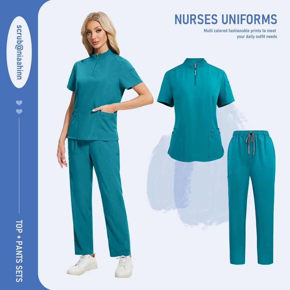 Niaahinn Pants Sets Scrubs Top with Zipper Salon Beauty Spa Uniform Women Men Scrub Uniforms Healthcare Pharmacy Nurse Work Wear