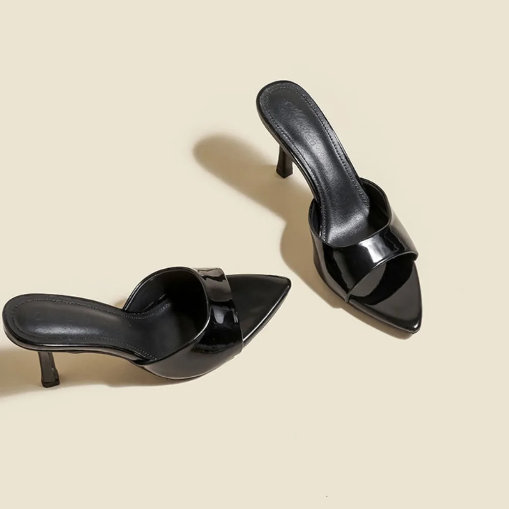 Women's Slippers 2026 New Summer Slim Heel Pointed Toe Worn with A Straight Drag Patent Leather High-heeled Slippers for Womens