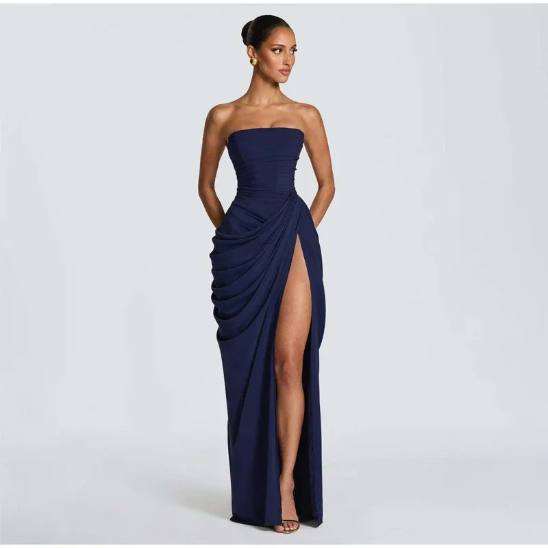 Women Strapless Pleated Long Dress Elegant Solid Split Sleeveless Backless High Waist Slim Fit Maxi Dresses 2026 Lady Party Robe