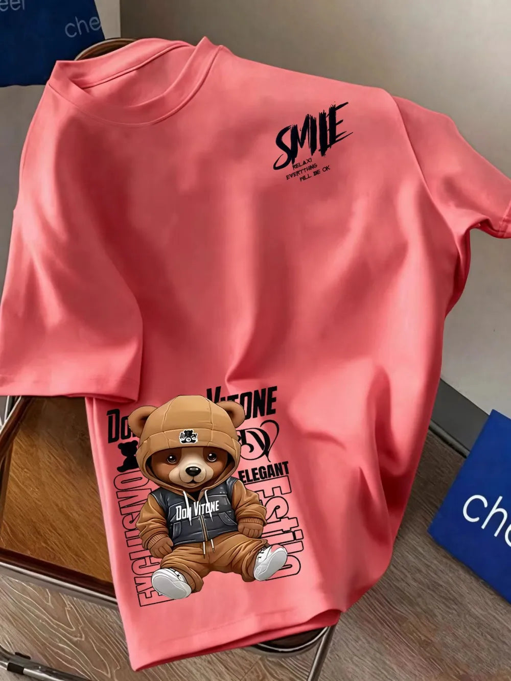 European and American men's summer personalized letter bear print comfortable and breathable round neck T-shirt outdoor street t