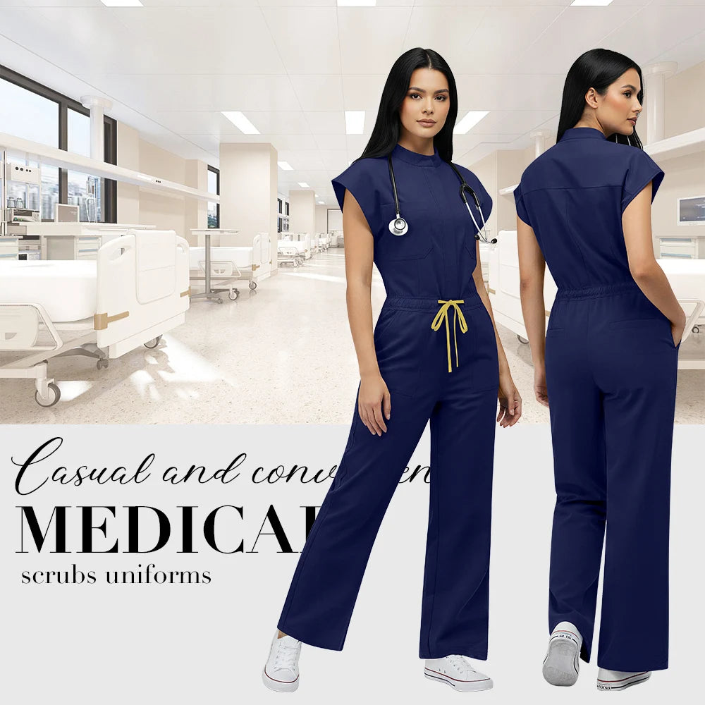Niaahinn Operating Room Scrub Uniform Full Outfit & Veterinary Nurse Uniform with Bat Sleeve One-Piece Pet Grooming Work Clothes