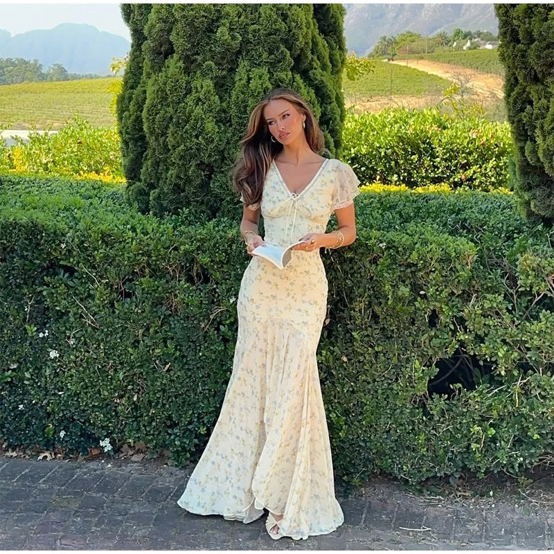 Fashion V-neck Floral Women Maxi Dress Flutter Sleeve Lace Trim High Waist Chiffon Vestidos Summer Female Daily Vacation Dresses