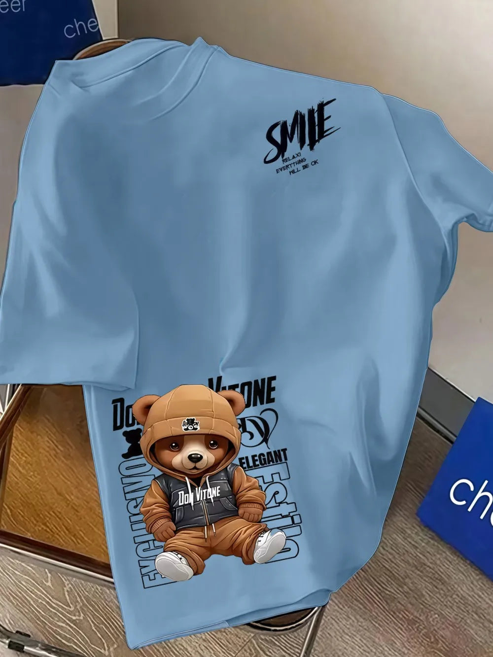 European and American men's summer personalized letter bear print comfortable and breathable round neck T-shirt outdoor street t
