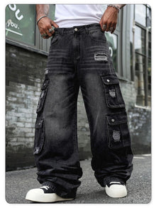 LIYS Men Retro Black Wash Multi Pocket Cargo Jeans Ripped Baggy Wide Leg Y2K Streetwear Denim Pants Tactical Loose Trousers