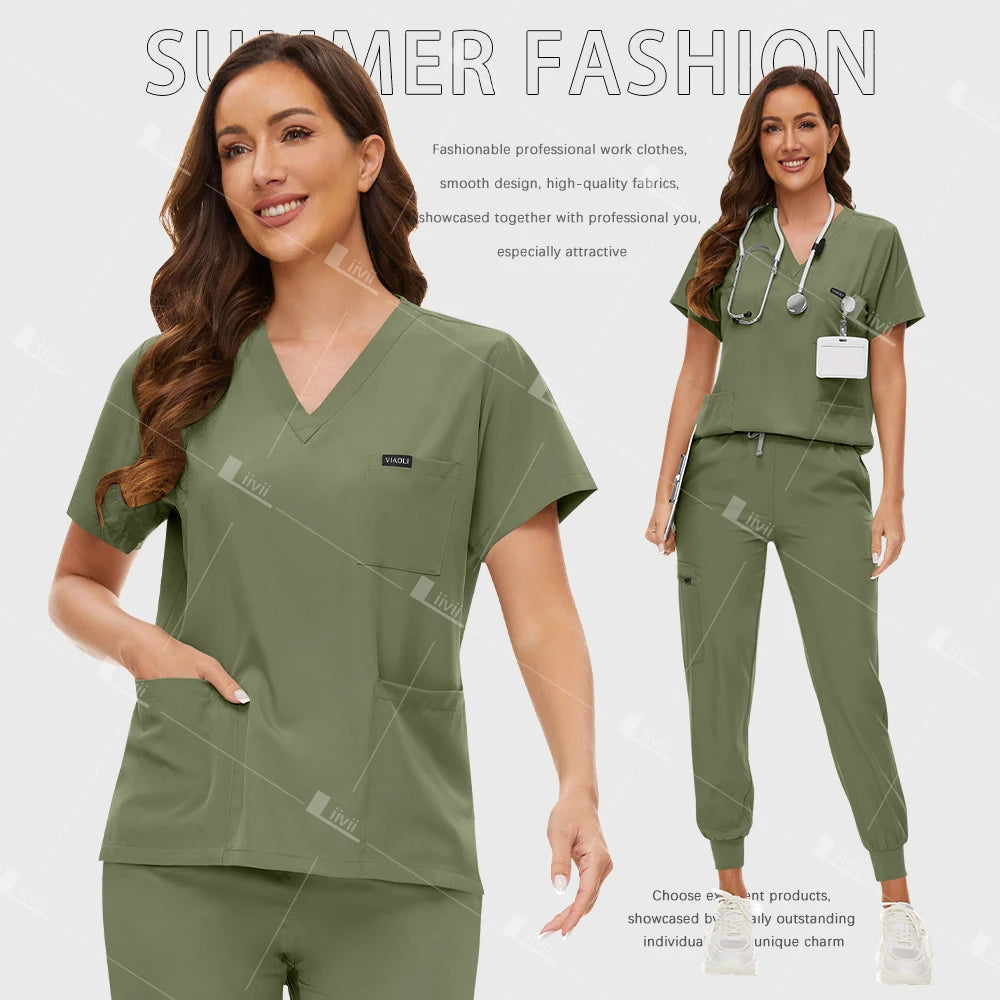 Fashion Surgical Uniforms Medical Scrub Set Doctor Nurse Clinical Workwear Nursing Suit Beauty Spa Work Clothes Scrubs Top Pants