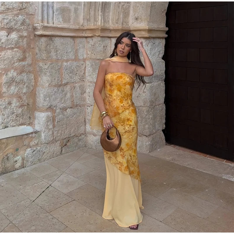 Vintage Floral Print Strapless Patchwork Dress Women Elegant Sleeveless Backless Ribbon Split Dresses Summer Female Party Robes