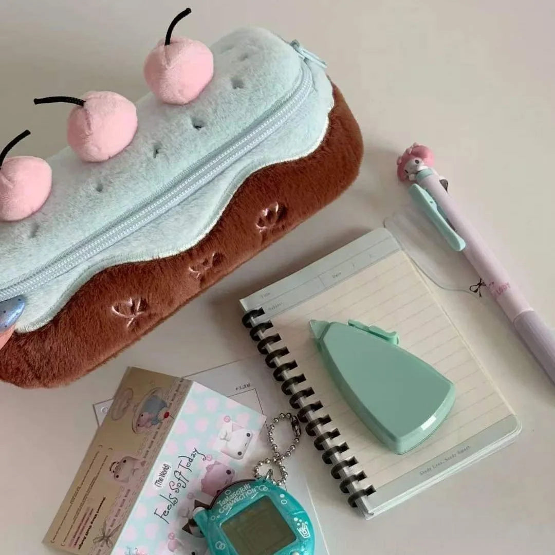 INS Fashion Korean Cream Swiss Roll Plush Pencil Case Student Desktop Storage Stationery Pen Bag Cute Girl Makeup Bag