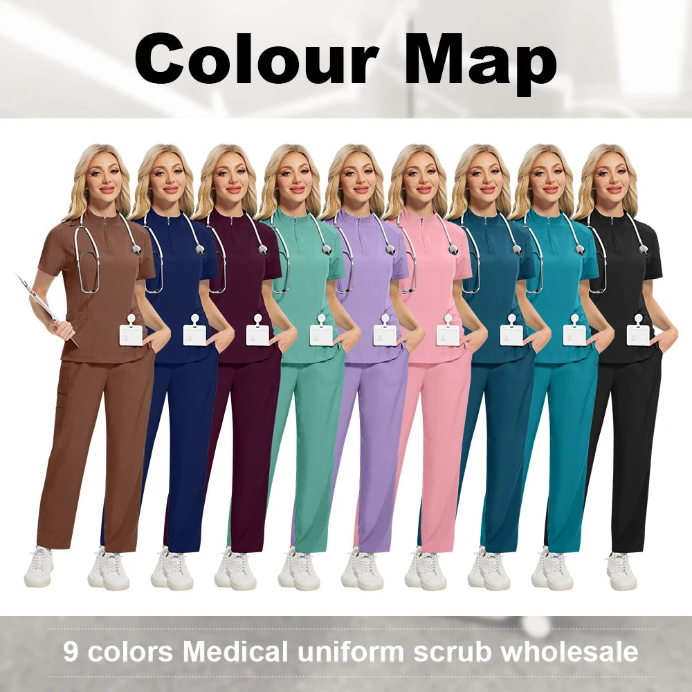 Niaahinn Pants Sets Scrubs Top with Zipper Salon Beauty Spa Uniform Women Men Scrub Uniforms Healthcare Pharmacy Nurse Work Wear