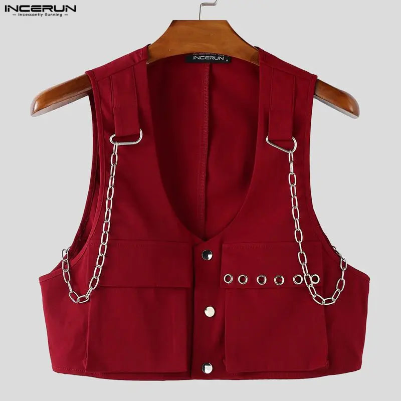 INCERUN Men Vests Solid Color Chain Decoration V Neck Sleeveless Crop Tops Men Streetwear Fashion Casual Male Waistcoats S-3XL