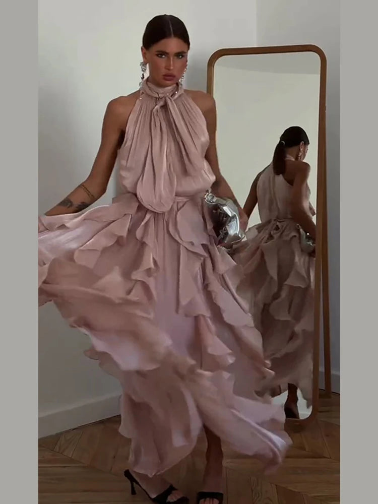 Sexy Cascading Ruffle Pleated Women Long Dress Fashion Lace Up Sleeveless Empire Female Dresses 2026 Spring Summer Lady Robe