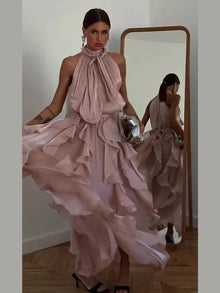Sexy Cascading Ruffle Pleated Women Long Dress Fashion Lace Up Sleeveless Empire Female Dresses 2026 Spring Summer Lady Robe