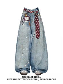 Women's Distressed Denim Wide Leg Jeans Y2K Grunge Style Tie & Pearl Chain Printing High Waist Casual Streetwear Trousers