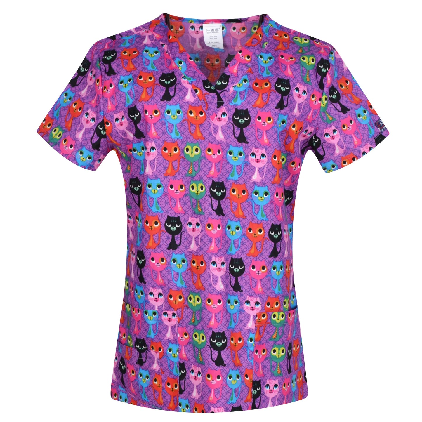 Hennar Print Vet Scrub Uniform For Women In 100% Cotton 4 pockets,XXS-5XL Pet Doctors Medical Scrub Tops
