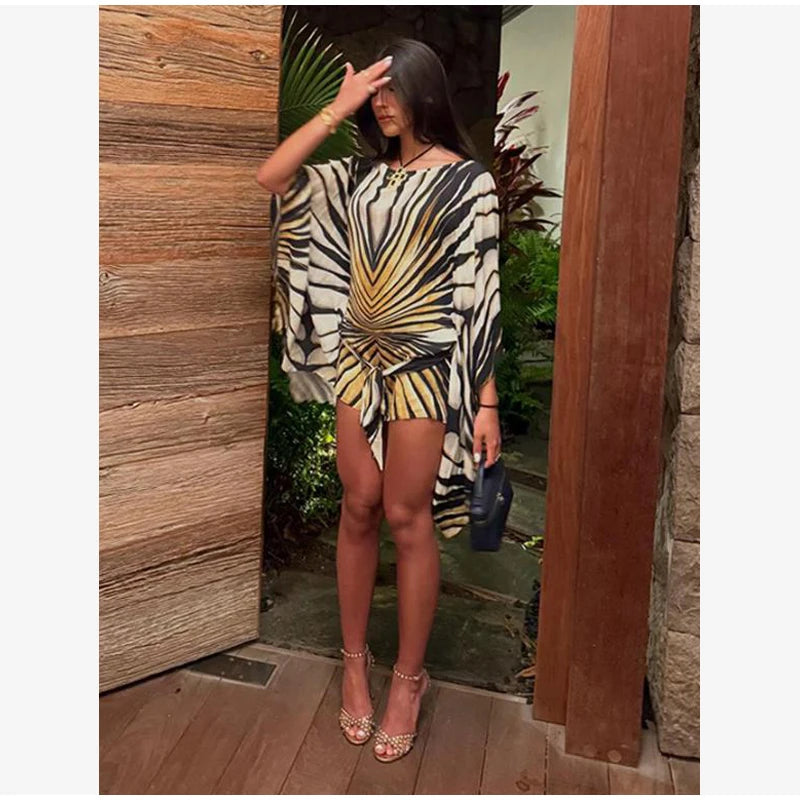Holiday Loose Striped Mini Dress Women Round Neck Batwing Sleeve Lace Up Chic Dresses Female 2026 Summer Vacation Beach Robes