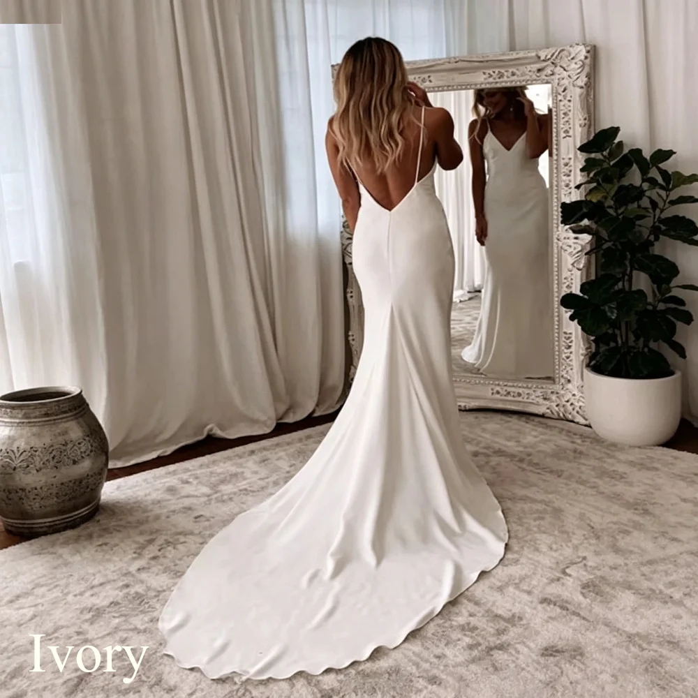 Customized Modern Simple Satin Wedding Dresses V-neck Spaghetti Straps Backless Formal Pleated Bridal Grown vestidos Sweep Train