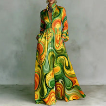 Retro Pattern Print High Waist Pleated Dress Woman Spring Shirt Collar Button Pockets Maxi Dress Long Sleeve Boho Vacation Dress