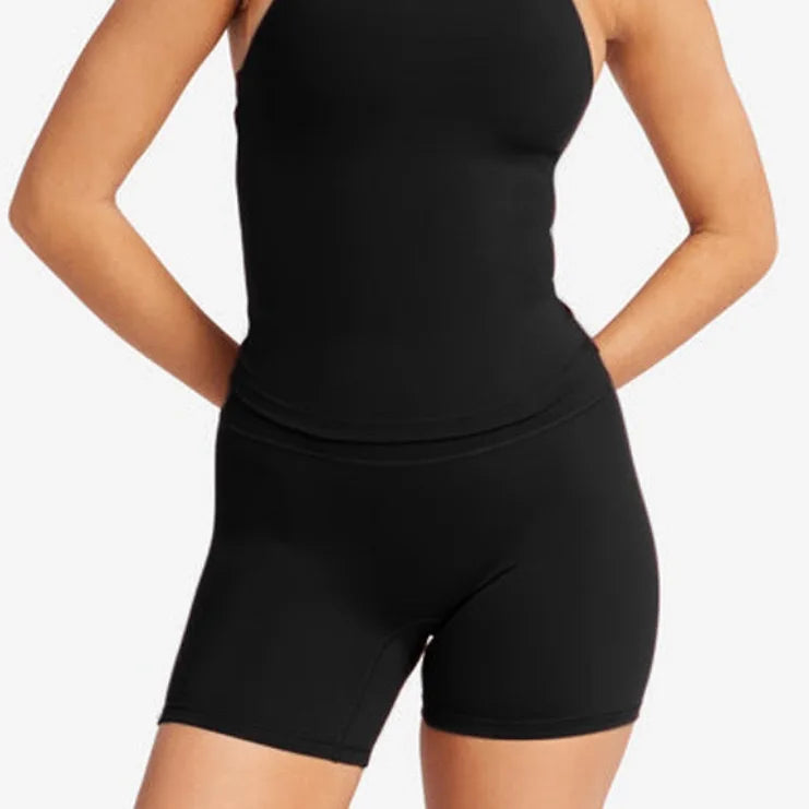 C-B Women Halter Open Back Yoga Tank Top Fold Over Waist Biker Shorts Workout Set for Gym Pilates Training