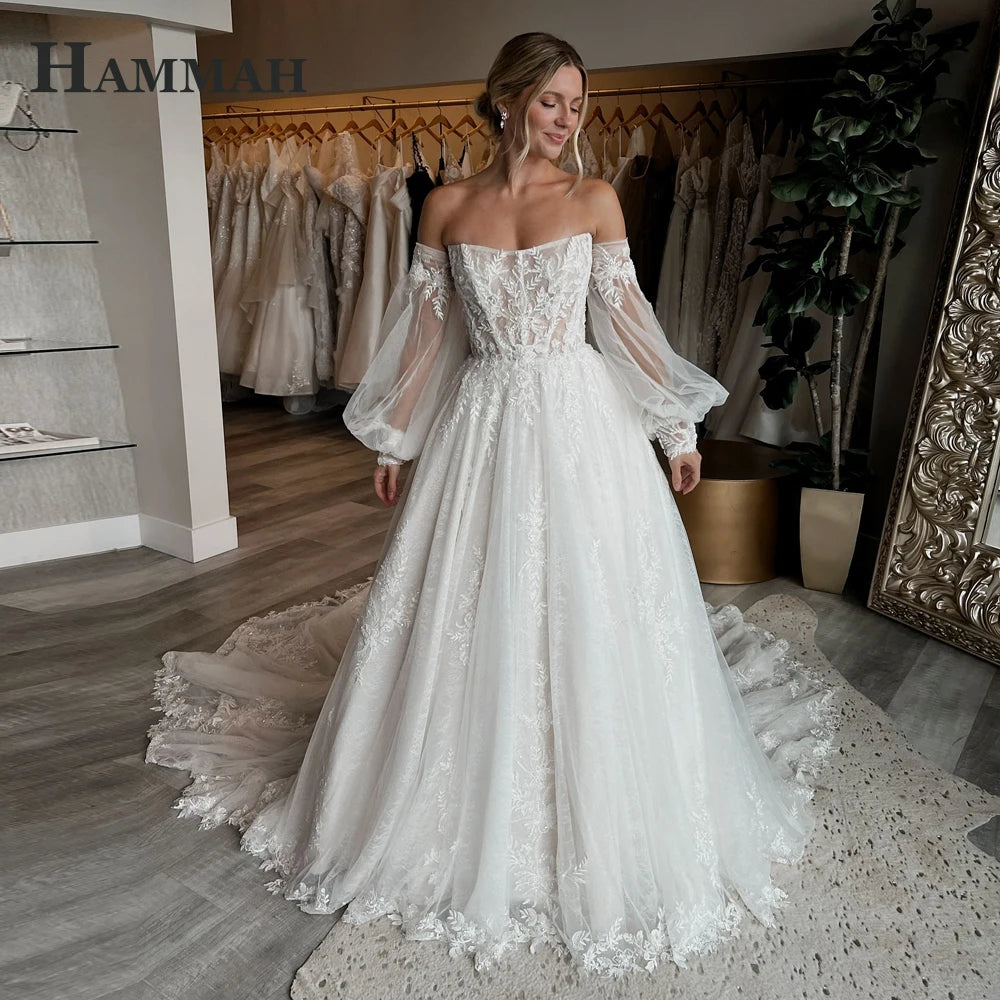 HAMMAH Fancy Strapless Wedding Dresses for Mariages Long Puff Sleeves Lacing up with Appliques Sweep Train Robe De Mariee