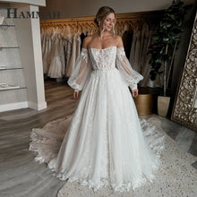 HAMMAH Fancy Strapless Wedding Dresses for Mariages Long Puff Sleeves Lacing up with Appliques Sweep Train Robe De Mariee