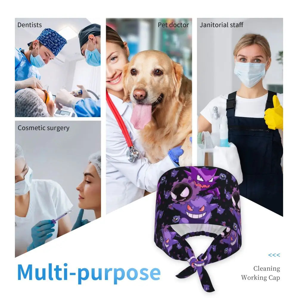 Working Caps For Unisex Women Gengar Nurse Hats Soft Comfy Work Scrubs Hat Casual Tie Back Custom DIY Medical Cap