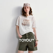 TOYOUTH Women Lace Sheer T-Shirt 2026 Summer New Letter Flower Print Loose Drop Shoulder Fashion Pullover Tops
