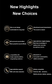 New Bluetooth Earphones Mirror-Style Digital Display Soft Silicone Ear Clip Wireless Headphone HD Noise Reduction Sports Headset
