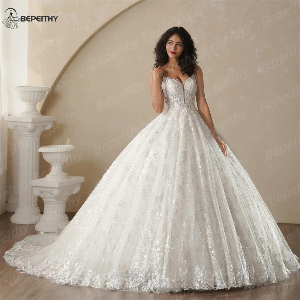 BEPEITHY Customized Glitter Princess Ivory Wedding Dresses For Women Sleeveless Shinny Lace V Neck Bride Ball Bridal Gown 2025