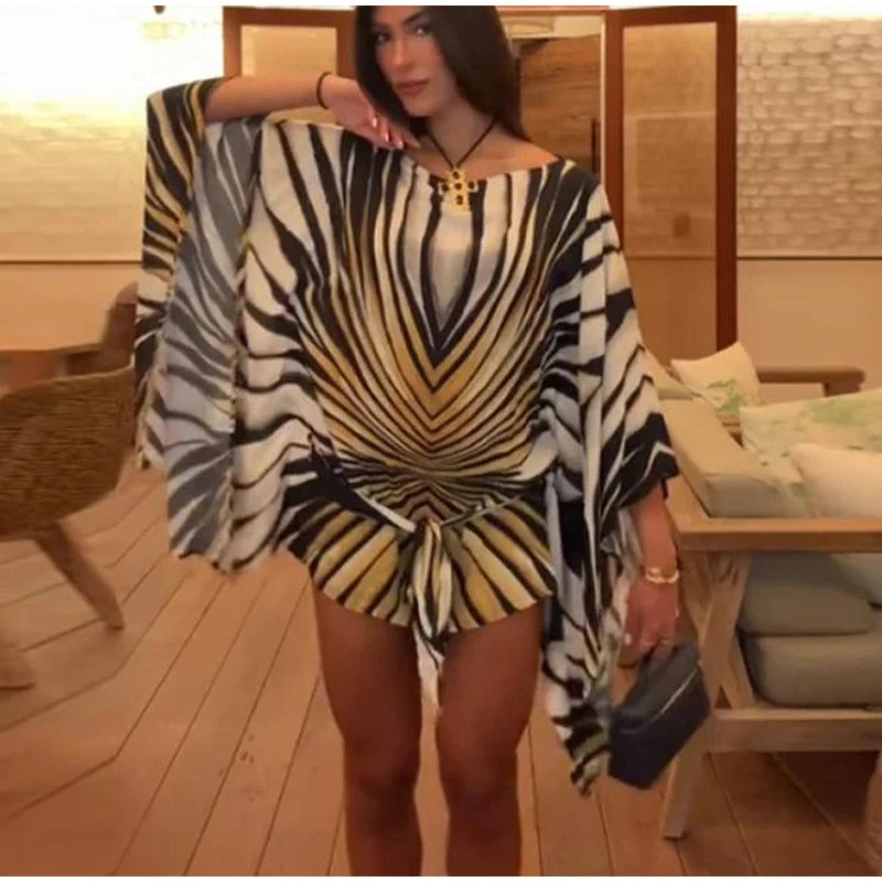 Holiday Loose Striped Mini Dress Women Round Neck Batwing Sleeve Lace Up Chic Dresses Female 2026 Summer Vacation Beach Robes