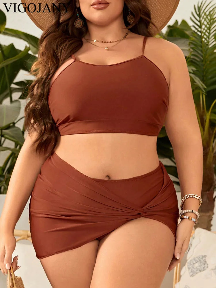 VigoJany 2025 Solid 3 Piece High Waist Skirt Plus Size Swimwear Women Strapped Push Up Swimsuit Backless Summer Bathing Suit