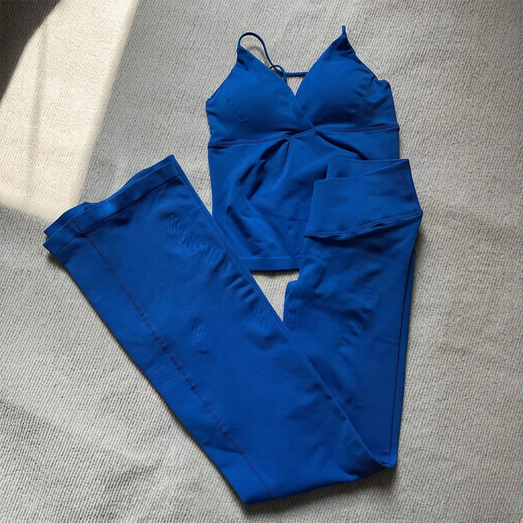 NO LOGO 2 Pieces Flared Legging Set Women Twist Front Sports vest Top Wide Leg Yoga Pants Seamless Yoga Set Tracksuits Workout