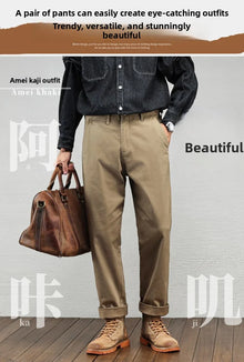 Men's Casual Cotton Pants Autumn Winter Loose Straight Leg High Elastici Bussiness Mid Waist American Retro Workwear Trousers