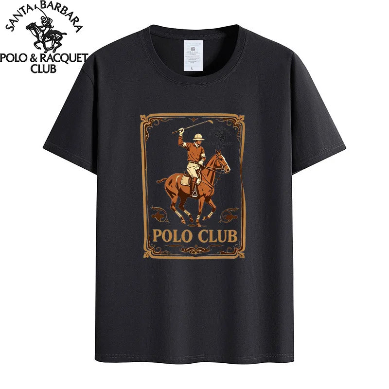 Santa Barbara Polo & Racquet Club Men's T-shirt Vintage Polo Player Print 100% Cotton Casual O-Neck Tee