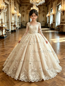Pink Long Sleeve Flower Girl Dress with Bow/Train Kids Beaded Lace Wedding Party First Communion Dress Customized Birthday Gown