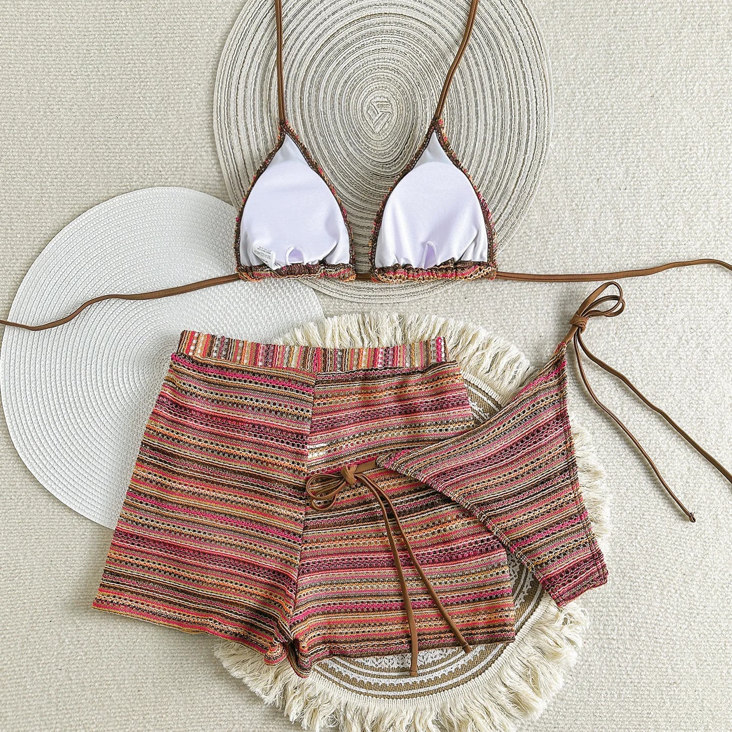 sexy knitted striped halter tie bikinis sets three pieces with shorts swimsuits beachwear bathing suit swimwear biquini tankini