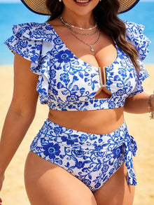 VigoBreviya 2026 Sexy Ruffle 2 Piece Plus Size Bikini Women Blue Print Curvy Swimsuit High Waist Push Up Lady Big Bathing Suit