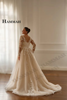 HAMMAH Trendy Long Sleeves Bridal Dress Slit Lace Appliques V-neck Zipper A-line Chapel Train Vestidos De Novia Customized