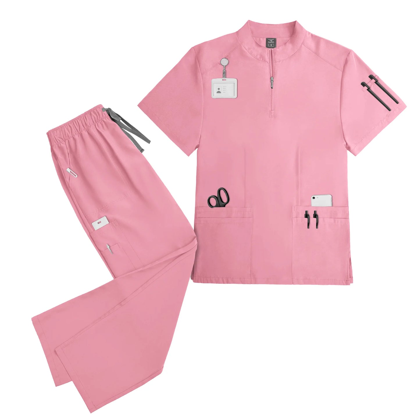 Elastic quick-dry scrub top, men's and women's surgical scrubs for doctors, beauty salon operating room scrub uniforms