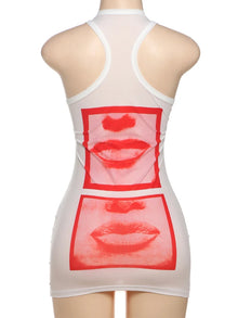 Débardeur sexy pour femme avec imprimé lèvres « Weird Puss », style Y2K hipster, fin, col rond, sans manches, idéal pour les soirées en club et les sorties nocturnes.