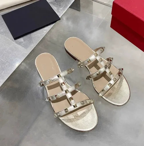Women Soft Leather Stud Flat Shoes Open Toe Summer Black White Brown Slippers Seam Retro Leisure Slides EU34-43 Big Gold Rivets