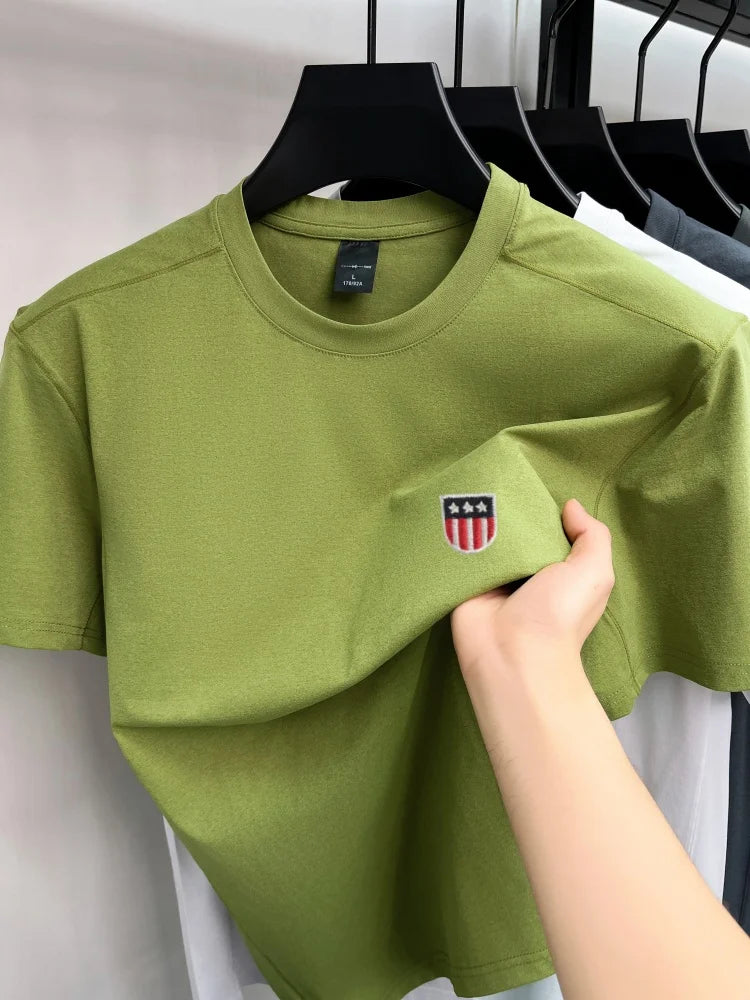 High end ice silk short sleeve T-shirt men's fashion luxury brand exquisite embroidery design, summer breathable round neck top