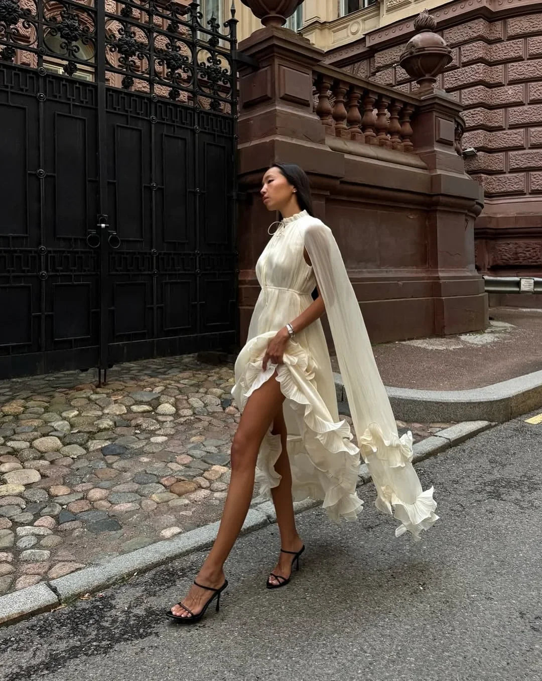 Women Solid Cloak Long Dresses Fashion Stand Neck Lace Sleeveless Ruffle Irregular Hem Dress 2025 New Summer Street Lady Gown