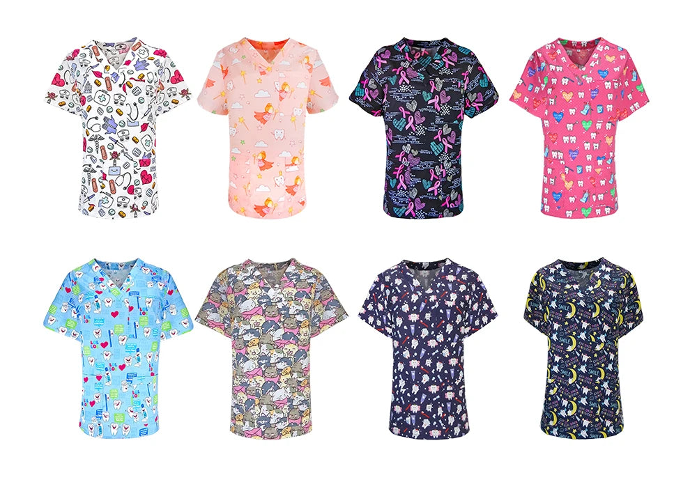 Unisex Solid Surgical Top 100% Cotton Shirt medical Uniforms Short Sleeve V-neck 3 Pocket Scrub Tops for Women Men