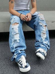 Men's Ripped Baggy Jeans Loose Fit Distressed Denim Pants Light Wash Y2K Streetwear Wide Leg Style
