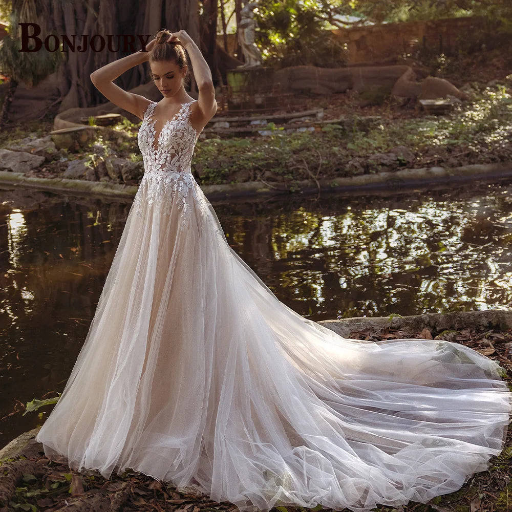 BONJOURY Simple V-neckline Wedding Dress for Woman Bride Satin Pockets Chapel Train Button Vestido De Casamento Drop Shipping