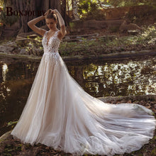 BONJOURY Simple V-neckline Wedding Dress for Woman Bride Satin Pockets Chapel Train Button Vestido De Casamento Drop Shipping