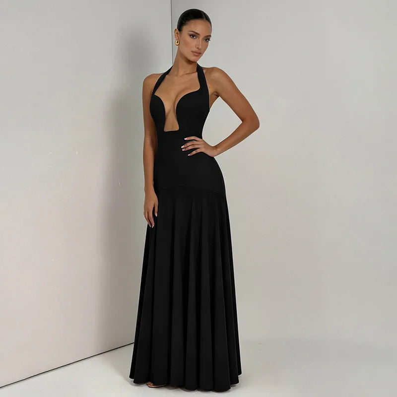 2026 NEW Summer Women Halter Front Cut Out V Neck Bodycon Maxi Dress Sleeveless Sexy Elegant Club Evening Party Long Dress